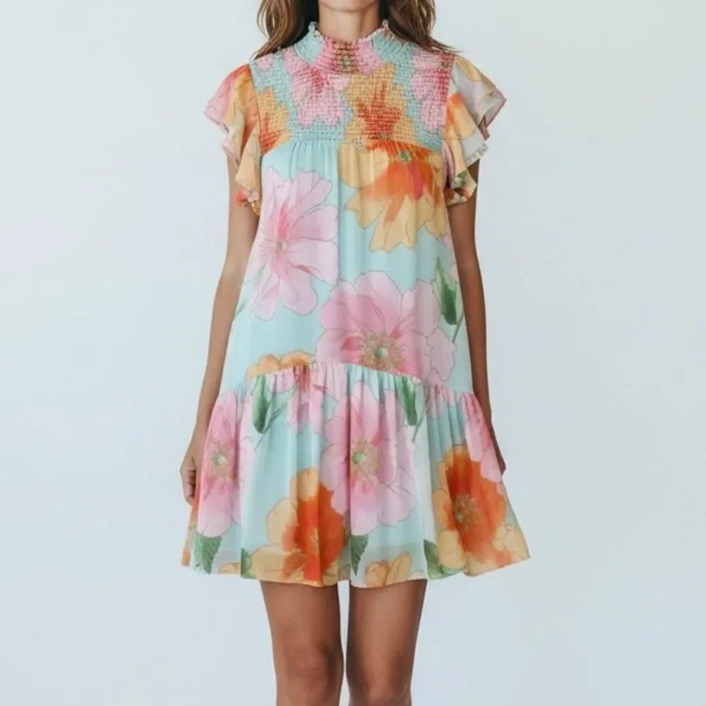 Maison Tara Floral Chiffon Flutter Sleeve Smocked Mock Neck Mini Dress in 12
